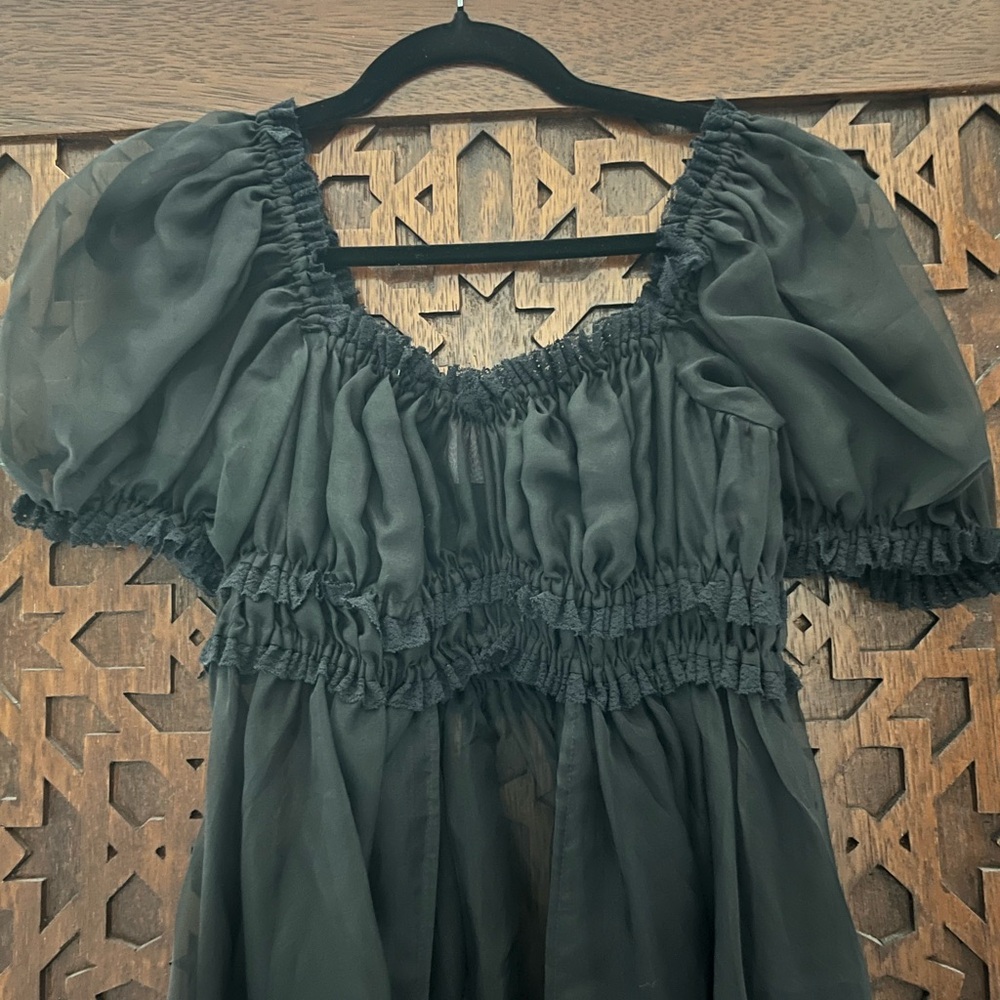 Selkie Black Sheer Puff Sleeve Smocked Dress